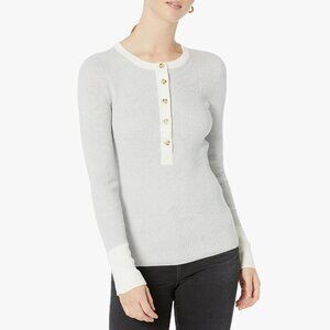 FAHERTY Mikki Organic Cotton & Cashmere Henley Sweater size M gray cream